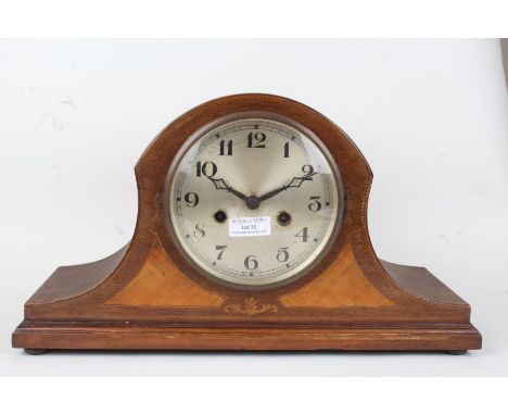 Edwardian Napoleon hat mantel clock, the silvered dial with Arabic numerals, the case with marquetry inlay, 42.5cm wide