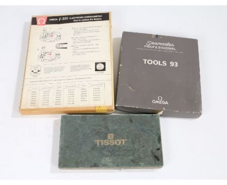Omega Seamaster Professional Tools 93 case opener set, Tissot case opening set containing three openers, Omega f300 electroni
