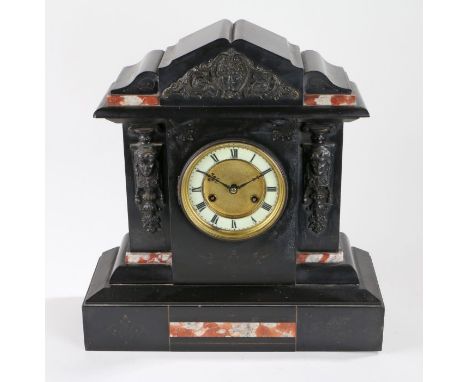 Edwardian slate and marble mantel clock, with metal mask and scroll decorated pediment and pilasters, the white ivorine dial 