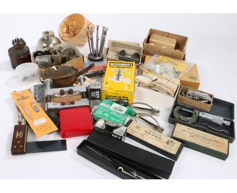 Clock and watch makers parts and accessories, to include watch case press, BHT Trupoise balance wheel tool, three Bergeon oil