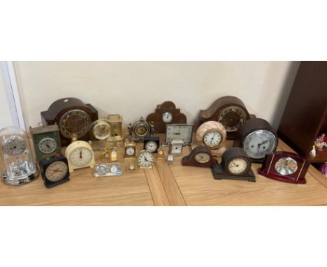 2 boxes of carriage, mantle and dome clocks including a small box of novelty clocks and a West German ECS chess clock.