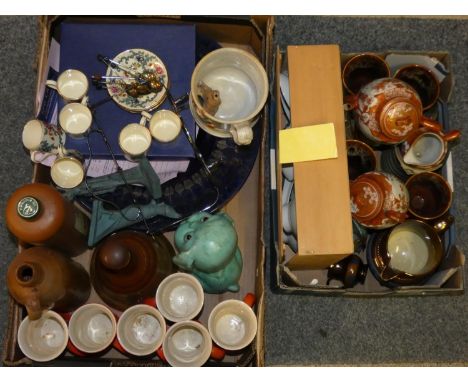 Boxed soup service, an Oriental part tea service, Lustreware, Coalport coffee cups and saucers, stone bottles, Bells whiskey 