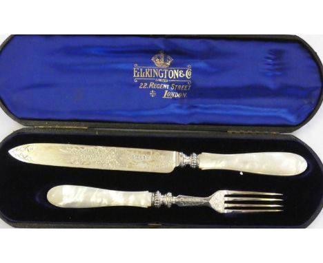 A Victorian silver and mother of pearl, wedding knife and fork, by Martin &amp; Hall, Sheffield 1876, case. 