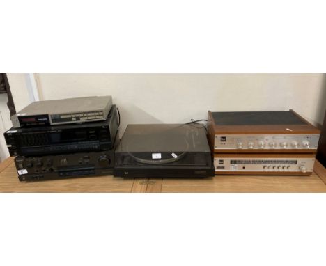 A Technics amplifier, SU-V550, JVC receiver, RX555L, Fisher tuner, Dual record deck with Dual amp and tuner model numbers CT1