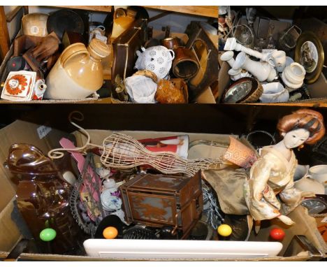 Five boxes of china, glass, wood ware, metal ware etc to include enamel colander, stoneware flagon marked price, Bristol, bis