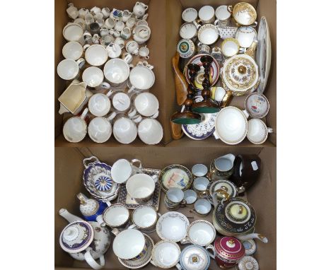3 boxes of china including crested ware, commemorative ware, Japanese coffee set, mantle clock by Comitti of London and a pai