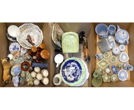 Three boxes of ceramics, including a collection of Wedgewood Jasperware, continental figurines, a Royal Doulton dish and othe