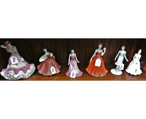 Three Royal Doulton figurines "Pretty Ladies" to include "First Waltz", "Just For You" HN5140, "Ruby" Hn4976, a Royal Worcest