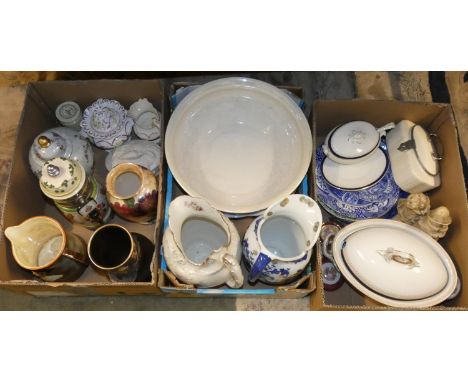 Three boxes of miscellaneous ceramics, including, a Becks bar top pump, Jug &amp; bowl sets, Sylvac water jug "Jolly Good Hea