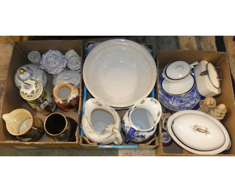 Three boxes of miscellaneous ceramics, including, a Becks bar top pump, Jug &amp; bowl sets, Sylvac water jug "Jolly Good Hea