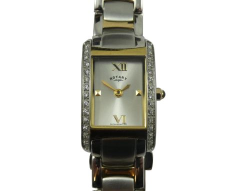 A Rotary stainless steel and gilt metal ladies quartz wristwatch, c. 2012, with crystal set bezel, guarantee, box
