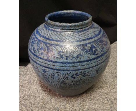 A studio pottery blue vase, three resin classic statues, two Ringtons tea caddies, a coffee grinder and other wares (2).