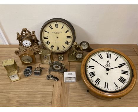 Two boxes of carriage, mantle and wall clocks, including a circular oak cased wall clock case, (see lot 163 for a Stockall Ma