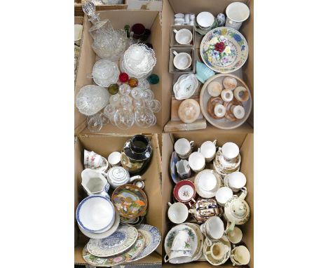 Four boxes of miscellaneous ceramic and glassware, to include a Masons fruit bowl, Royal Doulton Beatrix Potter, a Tony Wood 