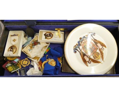A quantity of Masonic gilt metal and enamel jewels, case. 
