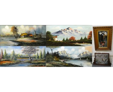 Victorian oak etched and painted wall mirror 83 x 52cm wool work fire screen of mallards and four decorative landscape oils (