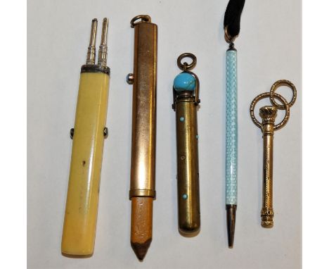 A Mordan &amp; Co. double retracting pencil, a silver and enamel pencil and three other items. 