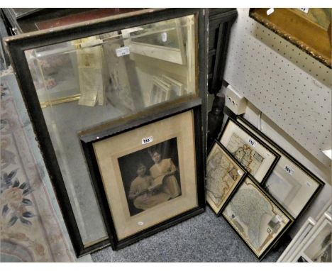 Oil on board - L. Smith - Shepherd driving sheep, three coloured reproduction maps, coloured print of Scarborough Castle, wal