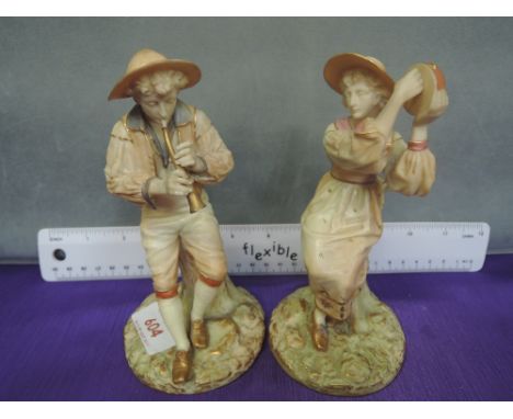 A pair of Royal Worcester figures modelled as musicians on naturalistic blush ivory ground, numbered 1803