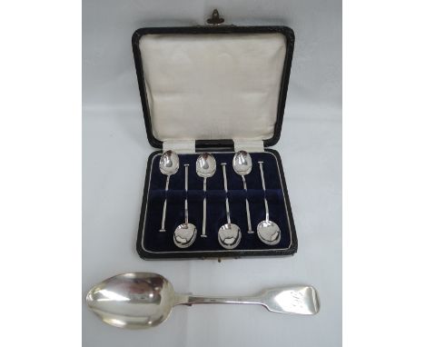 A cased set of six silver coffee spoons having architectural terminals, Birmingham 1928, William Adams Ltd and a Victorian si