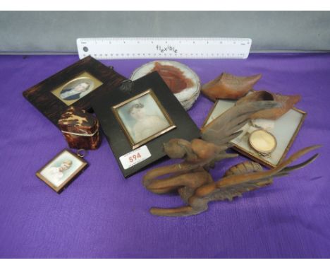 A selection of miscellaneous including 19th century portrait miniatures, in the style of Sarah Biffen, a brass model stylised