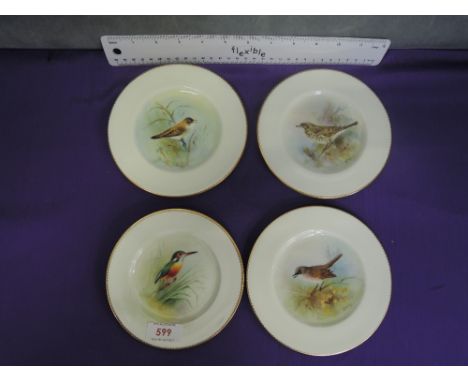 A set of three Royal Worcester plates having bird decoration and a similar plate by Hendry Rowell