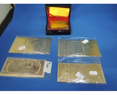 Two sets of Euro banknotes, 500-5 Euro coated in 24ct gold plus one set of USA Dollars in 24ct gold and gold playing cards