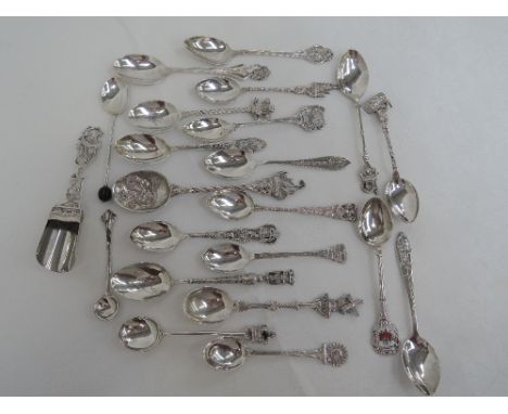 Twenty three HM silver and white metal spoons including souvenir, salt, coffee and caddy,  approx 242g