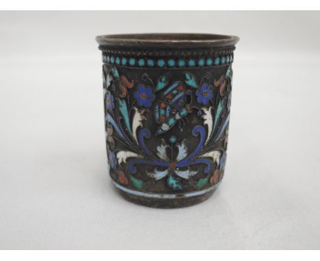 A small Russian silver and enamel shot glass having butterfly and floral decoration, Moscow 1890, possibly Ivan Saltykov