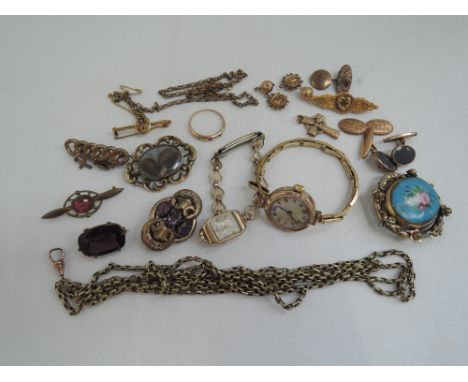 A small box of yellow metal jewellery including enamel and agate brooch in pinchbeck surround, hair locket brooch, cufflinks,