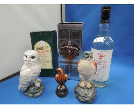 A bottle of 21 year old Glenfarclas Whisky, 12 year old Chivas Regal Whisky, English Whisky Co Chapter, 1 New Make Spirit, th