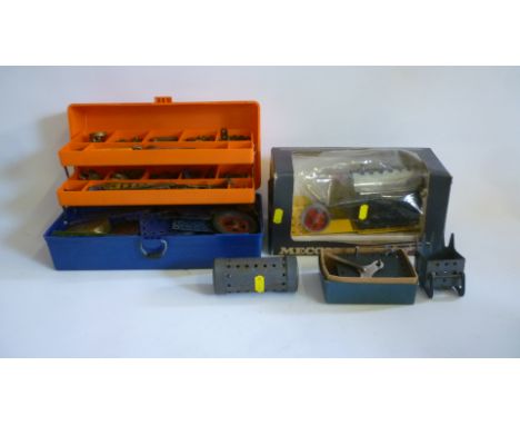 A Meccano stationary steam engine with reverse, used possibly once or twice, 9" long excluding burner, boxed, G, a quantity o