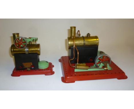 A Mamod stationary steam engine with horizontal boiler, on base, 8 1/4" long, and a smaller similar engine on 5 1/2" base, G 
