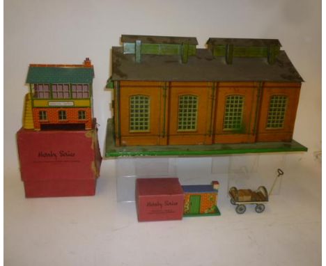 Hornby Platelayers Hut Signal Box (boxed), G, Hornby double road engine shed (one door missing), F, and a Kibri platform trol