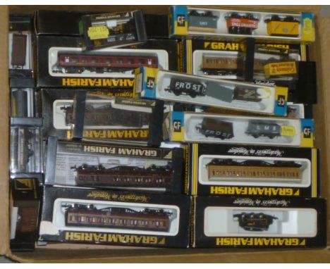 Passenger and Goods rolling stock by Graham Farish including L.M.S. coaches, L.N.E.R. coaches, P.O. coal trucks, most items b