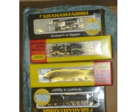 Four Minitrix and Graham Farish locomotives comprising L.M.S. Jubilee, L.M.S. 8F, L.M.S. 2-6-2 tank and 3F white metal body o