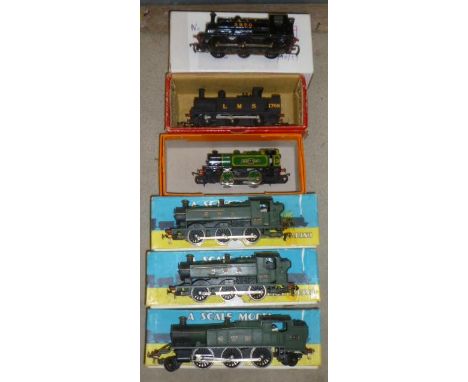 Six tank locomotives comprising Graham Farish Prairie tank, two Pannier tanks, Triang L.M.S. tank, Hornby 0-4-0 tank and kit 