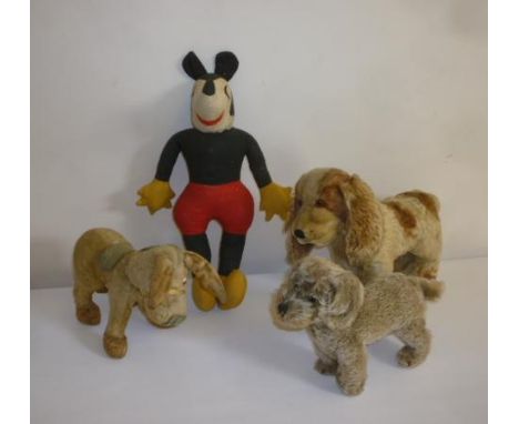 A Sealma toy Mickey Mouse, felt covered, label to head, 16" high, two Steiff dogs with swivel heads, 10" and 12" long, and an
