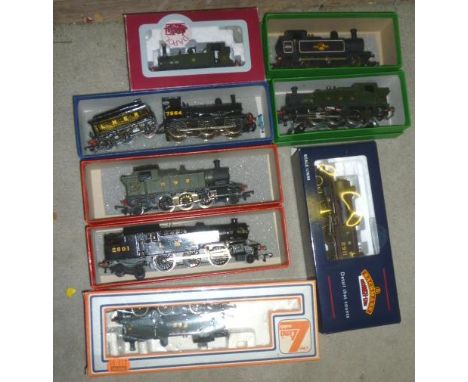 Eight steam locomotives comprising Dapol G.W.R. Terrier, Lima J50, Bachmann B.R. V1 Tank, G.W.R. Class 45XXX, kit built G.W.R