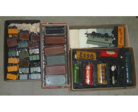 Hornby Dublo goods rolling stock including Esso, Power, Caustic Soda tank wagons, box vans with N.E. and L.M.S. cattle wagons