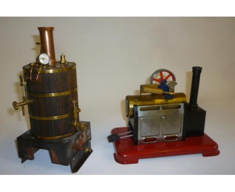 A model vertical steam boiler, coopered wood and brass construction, pressure gauge and brass accessories, marked RhME DUSSEL