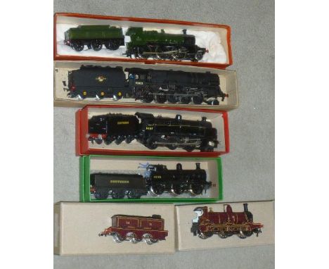 Five kit built locomotives comprising Crossti boilered B.R. 9F 92023, M.R. Kirtey 0-6-0, G.W.R. 63XX Mogul, S.R. 0-6-0 tender