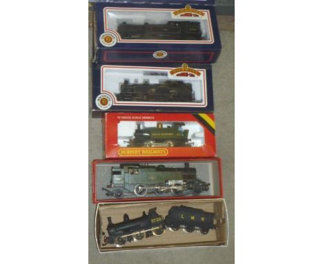 Five tank locomotives comprising Triang B.R. 2-6-2, Hornby G.W.R. 101, Bachmann B.R. Class 2 and N.E. V1, and a kit built M.R