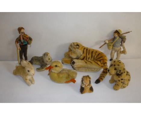 Six small Steiff animals comprising Tiger, Dalmatian dog, Hare, Duck, Seal, Squirrel, only two with labels, 4" - 13", and two