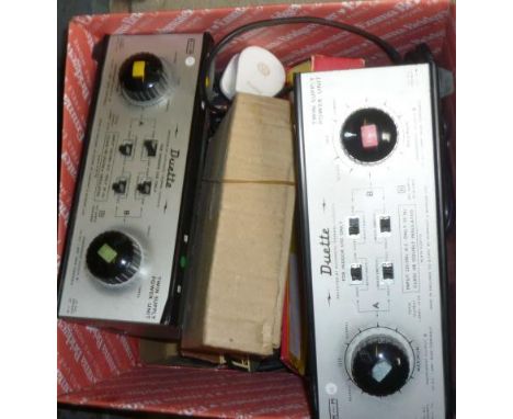 Two H & M Duette 12v train controllers and a quantity of playworn locomotives, accessories and parts, F-P (Est. plus 18% prem