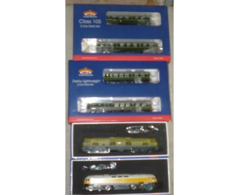 Bachmann Derby two car D.M.U. in B.R. green, Class 105 two car D.M.U. in B.R. green, Hewan Kestrel diesel locomotive, and Cla