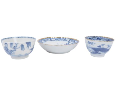 An assortment of three 19th century Chinese Oriental in the manner of Kangxi Dynasty porcelain blue &amp; white bowls. The lo