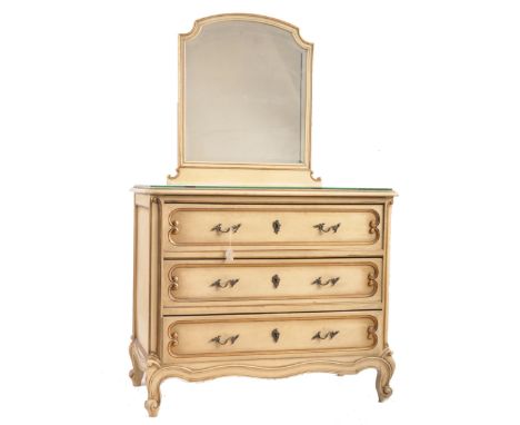 A 19th century painted French Louis XVI commode - dressing table chest. The chest being raised on scroll terminal feet suppor