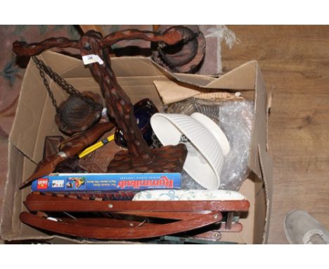 A pair of carved and stained pine weighing scales, 42 cm high and two boxes of mixed various decorative and household items. 