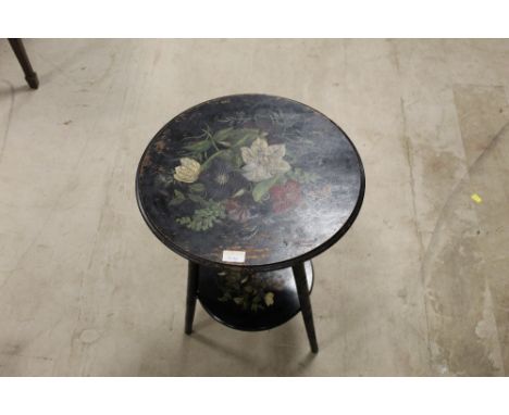 A Victorian ebonised and florally painted gypsy table with under shelf. 59.5 cm x 39 cm.  CONDITION REPORT: Wear to the top a